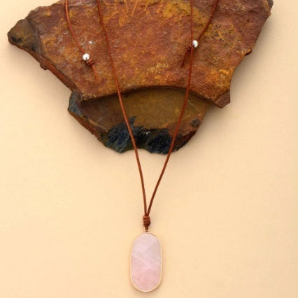 Natural Stone Pendant Red Stone Adjustable Leather Necklace