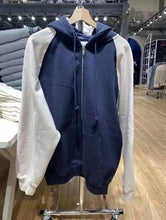 BM Style Dark Blue Mixed Beige Raglan Sleeve Multicolor Hoodie Coat For Women Lazy And Loose Hooded Zip Cardigan