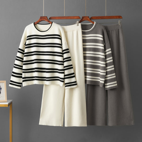 Casual Striped Loose Sweater Wide Leg Pants Two-piece Set