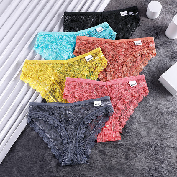 Women's Lace Panties Pure Desire Mid-waist Breathable Traceless Sexy Hollow Mesh Cotton Crotch Briefs