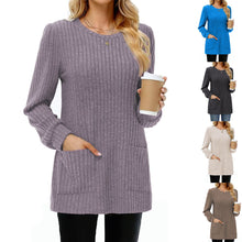 Mid-length Sweater Round Neck Sunken Stripe Solid Color Pocket Top