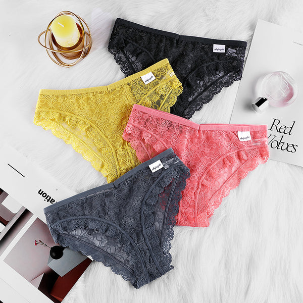 Women's Lace Panties Pure Desire Mid-waist Breathable Traceless Sexy Hollow Mesh Cotton Crotch Briefs