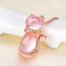 Korean Necklace Rose Gold Plated Natural Ross Quartz Pink Crystal Cat Women's Clavicle Chain