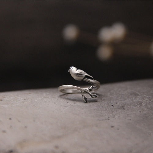 Artistic Vintage Thai Silver Bird Leaves S925 Sterling Silver Ring