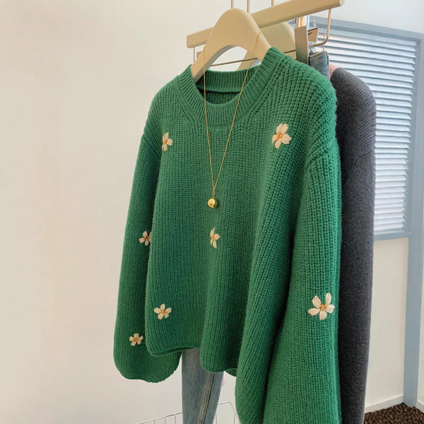 Loose And Lazy Style High-grade Korean Style Vintage Embroidered Flower Pullover Sweater