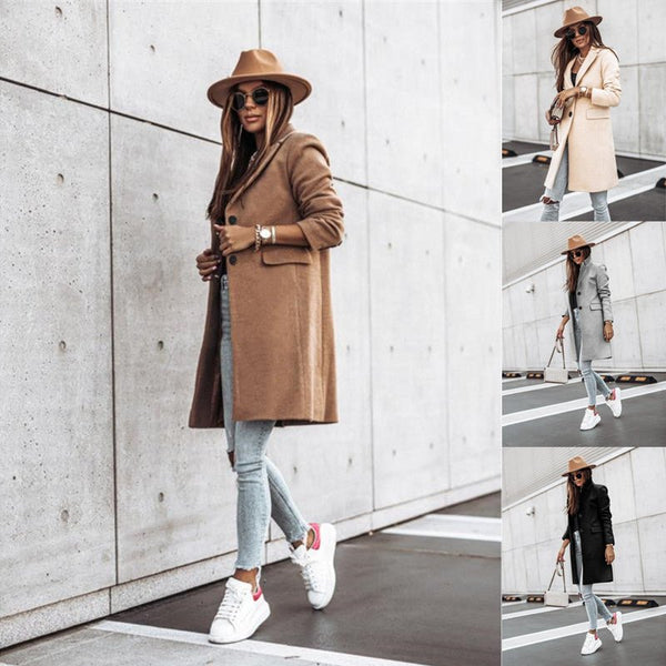 Autumn And Winter Simplicity Long Sleeve Button Woolen Coat - Bay Buy Shopping