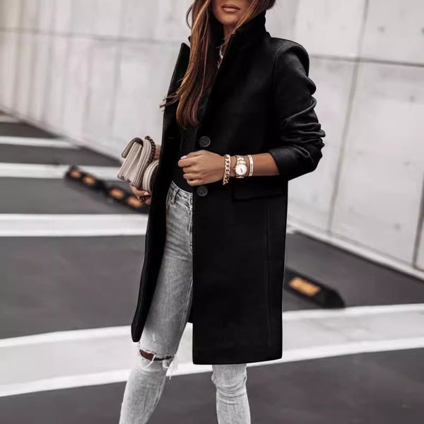 Autumn And Winter Simplicity Long Sleeve Button Woolen Coat - Bay Buy Shopping