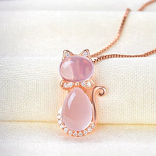 Korean Necklace Rose Gold Plated Natural Ross Quartz Pink Crystal Cat Women's Clavicle Chain