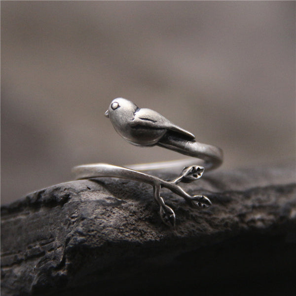 Artistic Vintage Thai Silver Bird Leaves S925 Sterling Silver Ring