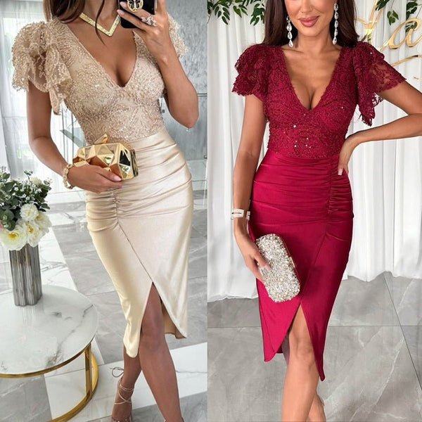 Casual Short Sleeve Split Dress Women - Bay Buy Shopping