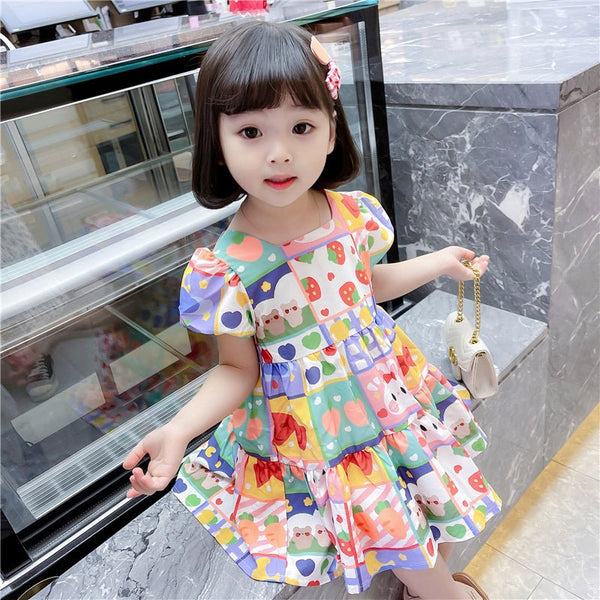 Children's Chiffon Cute Rabbit Graffiti Puff Sleeve Dress - Bay Buy Shopping