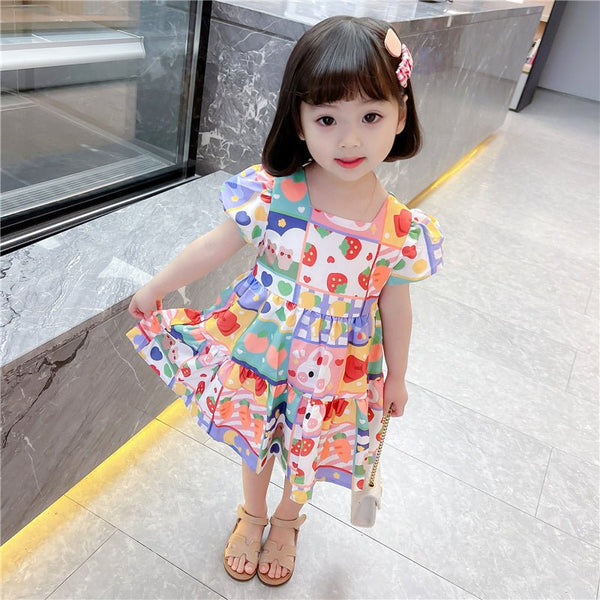 Children's Chiffon Cute Rabbit Graffiti Puff Sleeve Dress - Bay Buy Shopping