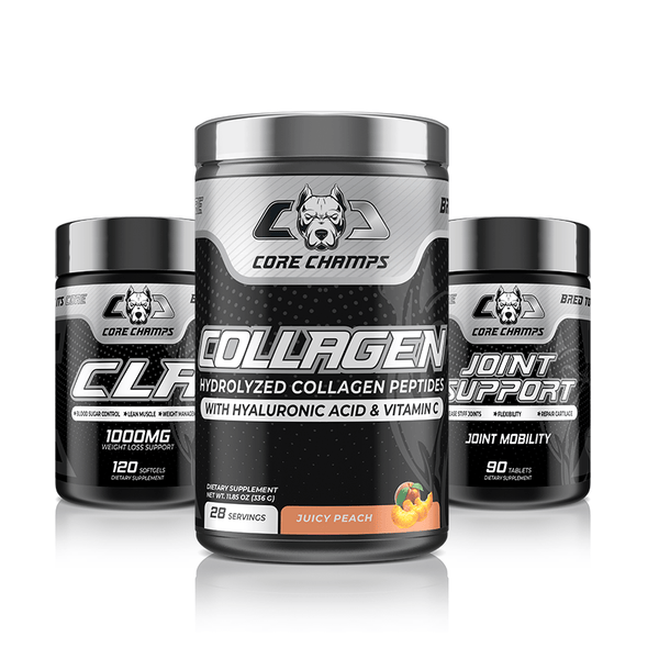 Core Champs Bundle - CLA 1000mg 120 Softgels + Collagen Juicy Peach, 28 Servings + Joint Support 90 Tablets - Bay Buy Shopping