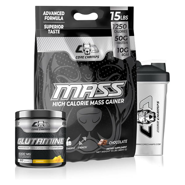 Core Champs Bundle - Mass Gainer Chocolate 15lb + Glutamine Mango 50 Servings + Shaker - Bay Buy Shopping