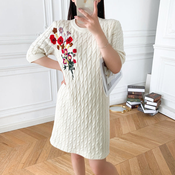 Cotton Knitted Dress Flower Embroidery Twisted Round Neck - Bay Buy Shopping