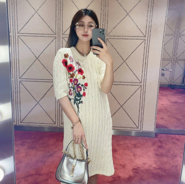 Cotton Knitted Dress Flower Embroidery Twisted Round Neck - Bay Buy Shopping
