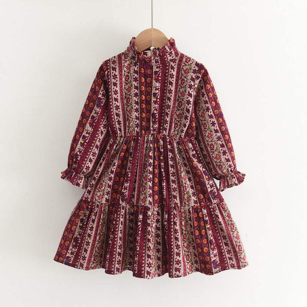 Dress Stand Collar Long Sleeve Print Girl - Bay Buy Shopping