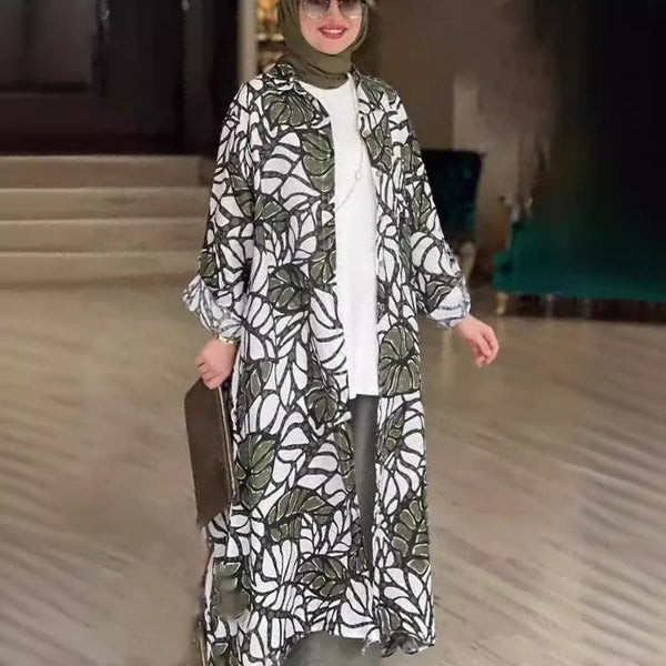 Fashion New Print Long Sleeve Loose Collarless Cardigan Dress - Bay Buy Shopping