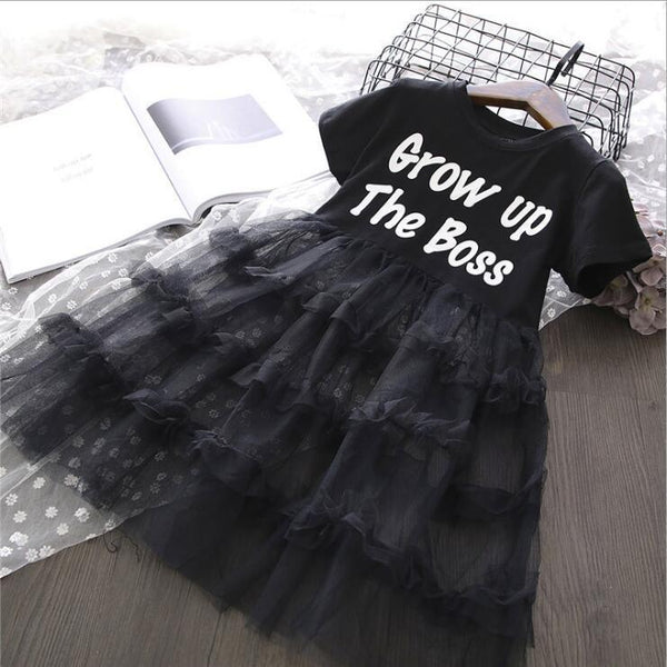 Female Baby Letter Short - sleeved Stitching Mesh Skirt Cake Dress - Bay Buy Shopping