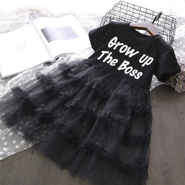 Female Baby Letter Short - sleeved Stitching Mesh Skirt Cake Dress - Bay Buy Shopping