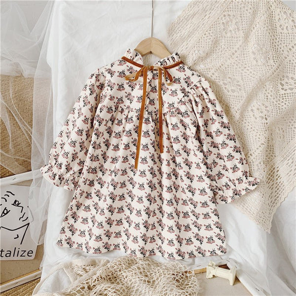 Girls' Floral Dress With Wooden Ears And Long - sleeved Children's Skirt - Bay Buy Shopping