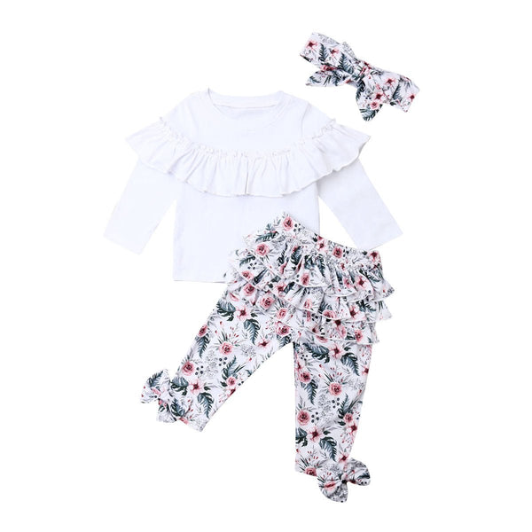 Girls' Lace Blouse With Multi - layer Printing Trousers And Flower Head Suit - Bay Buy Shopping