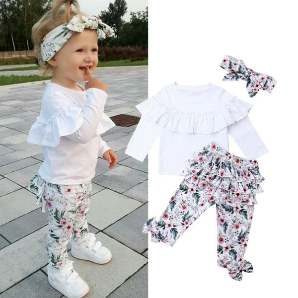 Girls' Lace Blouse With Multi - layer Printing Trousers And Flower Head Suit - Bay Buy Shopping