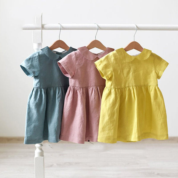 Girls' Linen Doll Collar Short Sleeve Dress - Bay Buy Shopping