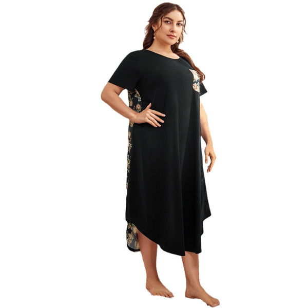 Homewear Pajamas Short - sleeved Printing Stitching Contrast Color Plus - sized Home Nightdress For Women - Bay Buy Shopping