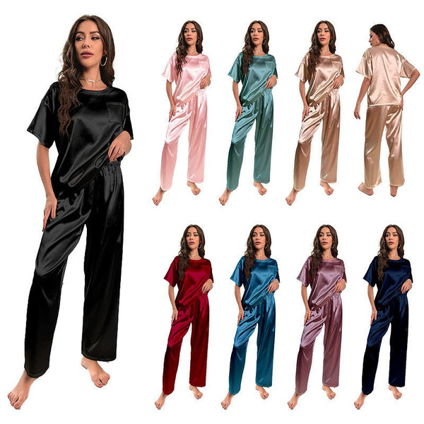 Ice Silk Pajamas For Women Summer Short Sleeve Trousers - Bay Buy Shopping