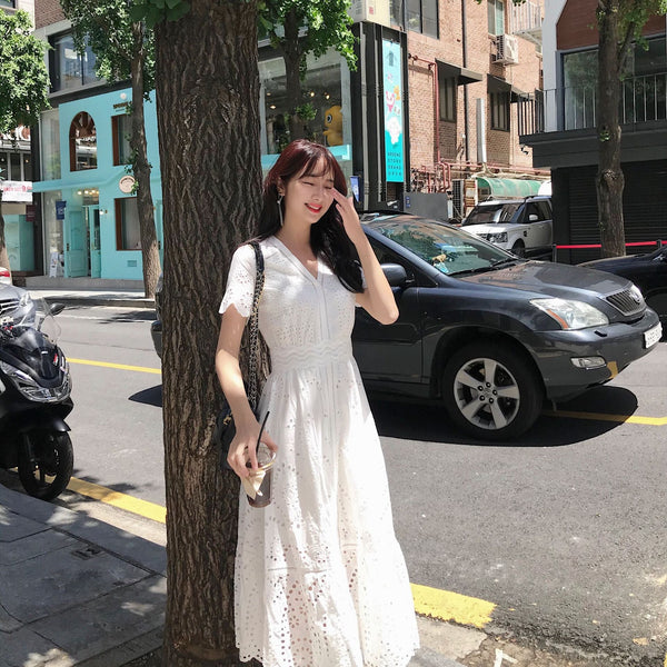 Lace Short - Sleeved Hollow Embroidery Cotton And Linen Dress - Bay Buy Shopping