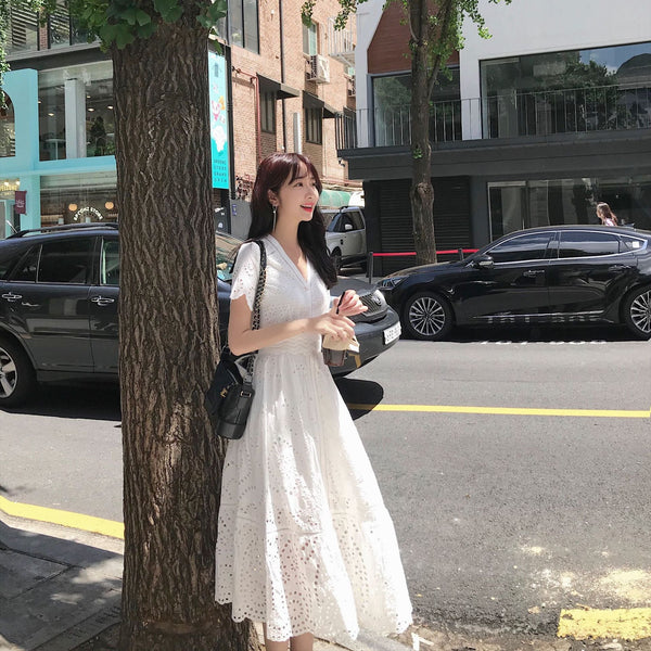 Lace Short - Sleeved Hollow Embroidery Cotton And Linen Dress - Bay Buy Shopping