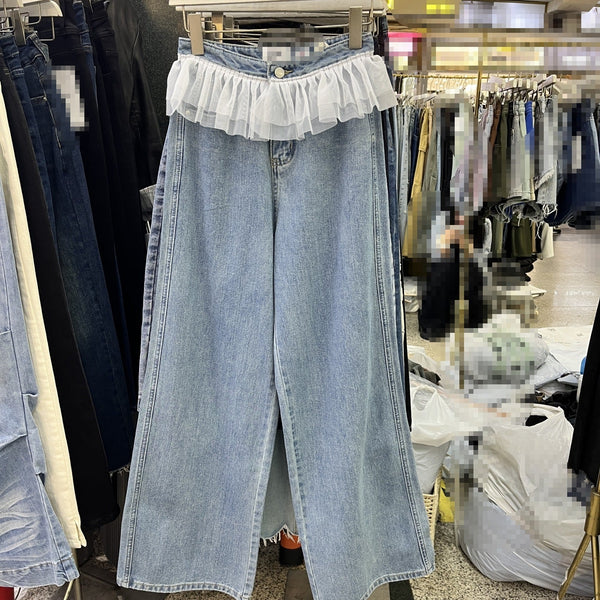 Lace Stitching High Waist Wide Leg Jeans - Bay Buy Shopping