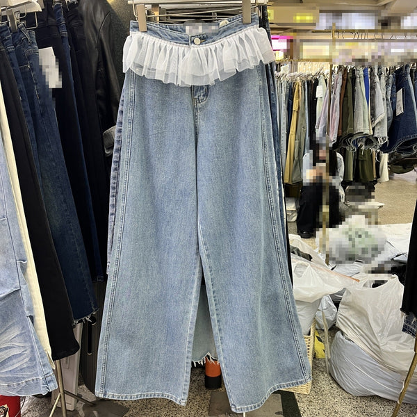 Lace Stitching High Waist Wide Leg Jeans - Bay Buy Shopping