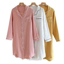 Ladies Cotton Long - sleeved Home Dress Stripe - Bay Buy Shopping
