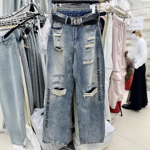 Letter Printed Ripped Cool Brushed Paint Jeans - Bay Buy Shopping