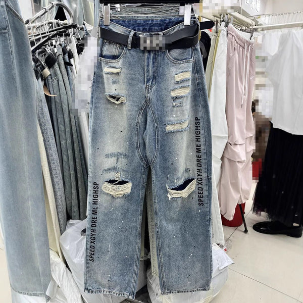 Letter Printed Ripped Cool Brushed Paint Jeans - Bay Buy Shopping