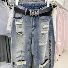Letter Printed Ripped Cool Brushed Paint Jeans - Bay Buy Shopping