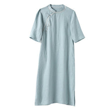 Linen Dress Artistic Embroidery Stand Collar Side Slit Cheongsam - Bay Buy Shopping