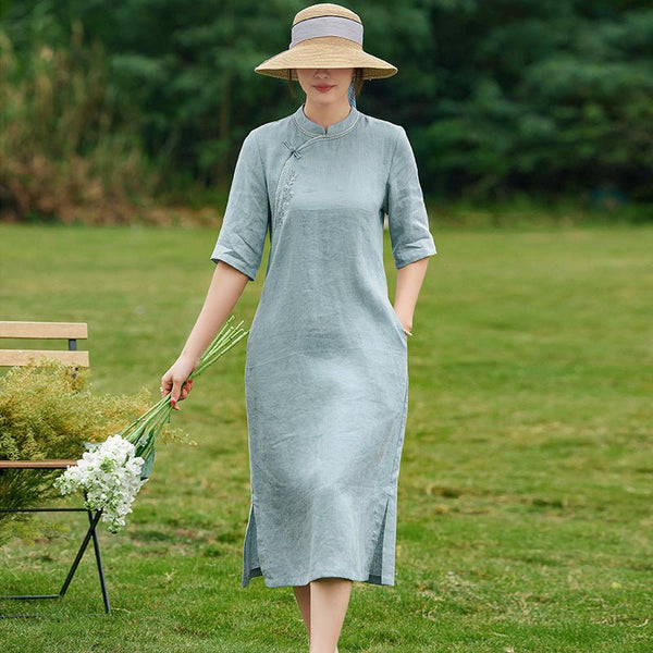 Linen Dress Artistic Embroidery Stand Collar Side Slit Cheongsam - Bay Buy Shopping