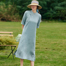 Linen Dress Artistic Embroidery Stand Collar Side Slit Cheongsam - Bay Buy Shopping
