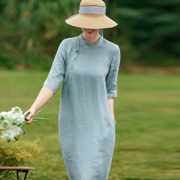 Linen Dress Artistic Embroidery Stand Collar Side Slit Cheongsam - Bay Buy Shopping