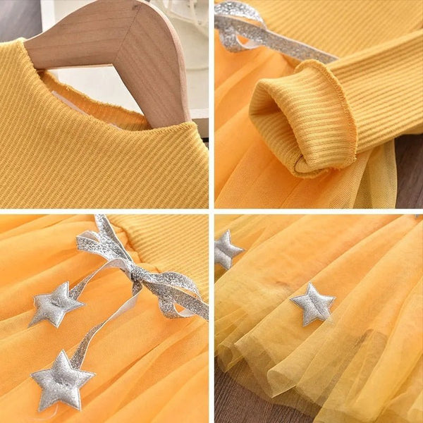 Long Sleeve Solid Color Princess Dress Girls Tether Belt Accessories Star Net Gauze Skirt - Bay Buy Shopping