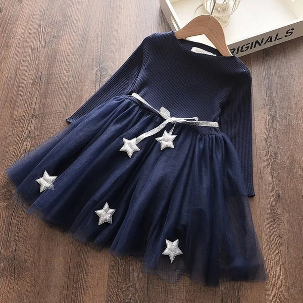Long Sleeve Solid Color Princess Dress Girls Tether Belt Accessories Star Net Gauze Skirt - Bay Buy Shopping