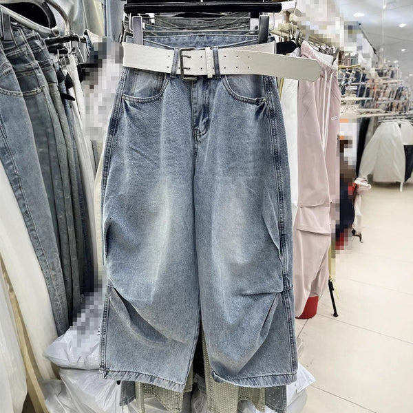 Loose Slimming Washed - out Vintage Blue Banana Pants Pinch Pleated Design Sense Matchet Pants - Bay Buy Shopping