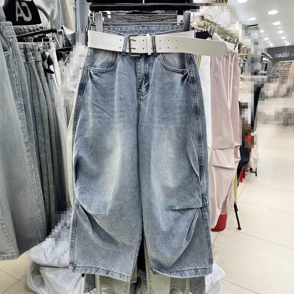 Loose Slimming Washed - out Vintage Blue Banana Pants Pinch Pleated Design Sense Matchet Pants - Bay Buy Shopping