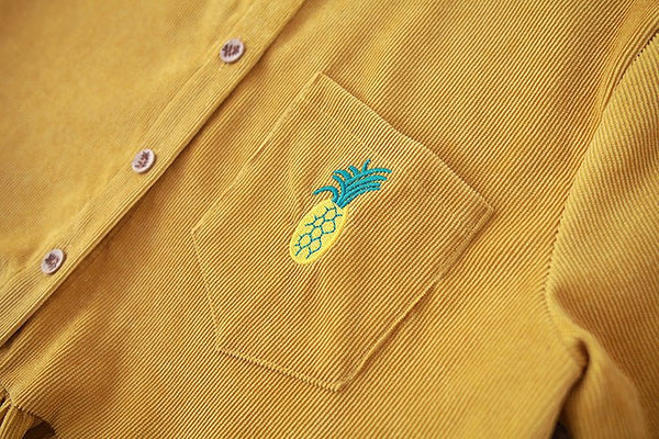 Pineapple embroidery loose plus size corduroy long sleeve dress - Bay Buy Shopping