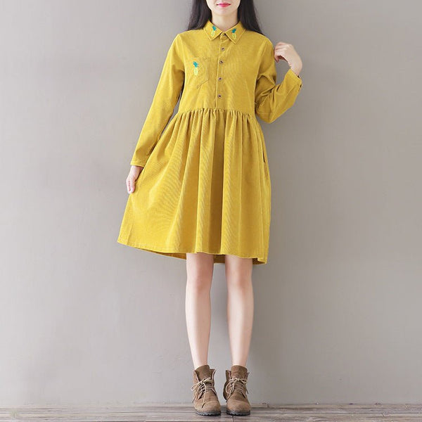 Pineapple embroidery loose plus size corduroy long sleeve dress - Bay Buy Shopping