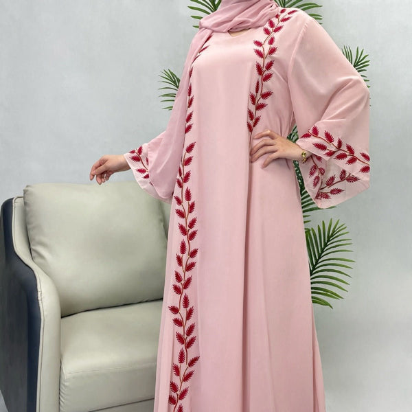 Round Neck Plant Embroidery Pattern Long Dress - Bay Buy Shopping