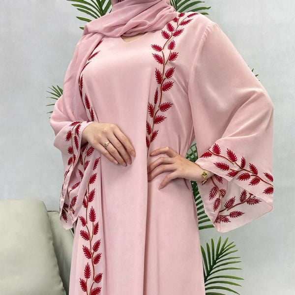 Round Neck Plant Embroidery Pattern Long Dress - Bay Buy Shopping